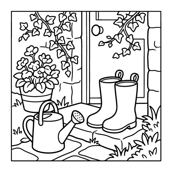 A pair of garden boots beside a watering can on a doorstep with ivy, coloring sheet