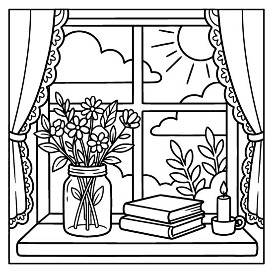 A glass jar of wildflowers on a windowsill with books, a candle, and curtains, coloring page
