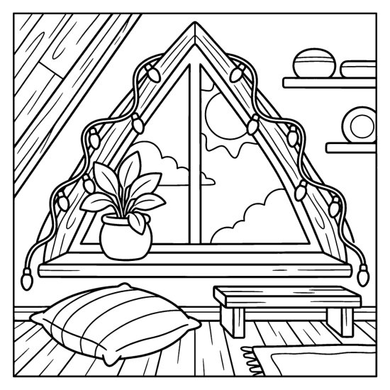 A triangular attic window with a potted plant, fairy lights, and a cushion, coloring sheet