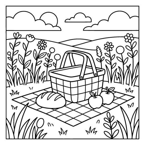 An open picnic basket on a checkered blanket among tall wildflowers in a meadow, coloring page