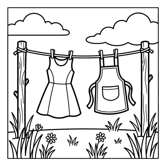 bold and easy cottagecore coloring pages with a dress and apron on a clothesline above wildflowers, coloring sheet