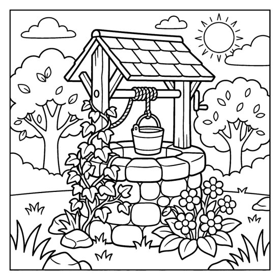 A round stone well with a hanging bucket, climbing ivy, and flowers below, coloring sheet