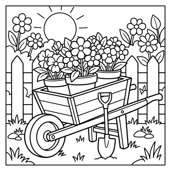 A wooden wheelbarrow brimming with potted flowers beside a picket fence and spade, coloring page