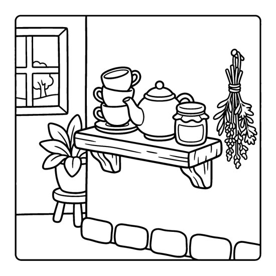 A rustic shelf of stacked teacups, a teapot, and dried herbs by a window, bold and easy