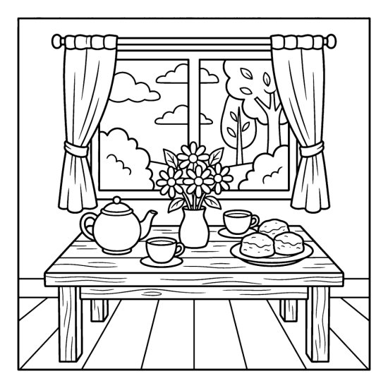 A wooden table set with a teapot, cups, scones, and a vase of daisies, coloring sheet
