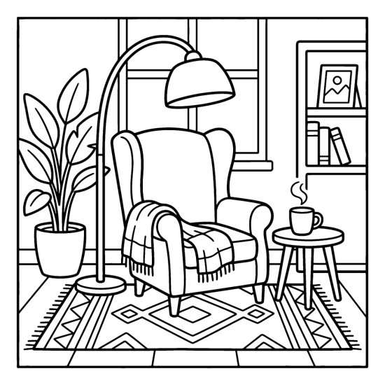 A cozy wingback armchair with a draped blanket, arched floor lamp and a steaming mug on a coloring page