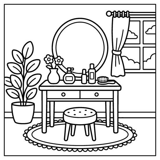 A vanity table with a round mirror, cushioned stool, perfume bottles and a flower vase, bold and easy