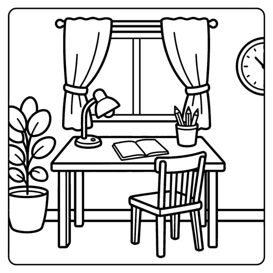 A writing desk with a lamp, open notebook and cup of pencils below a curtained window coloring page