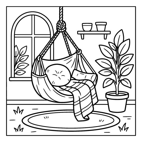 A hanging hammock chair with a cushion and draped throw beside a tall leafy plant coloring sheet