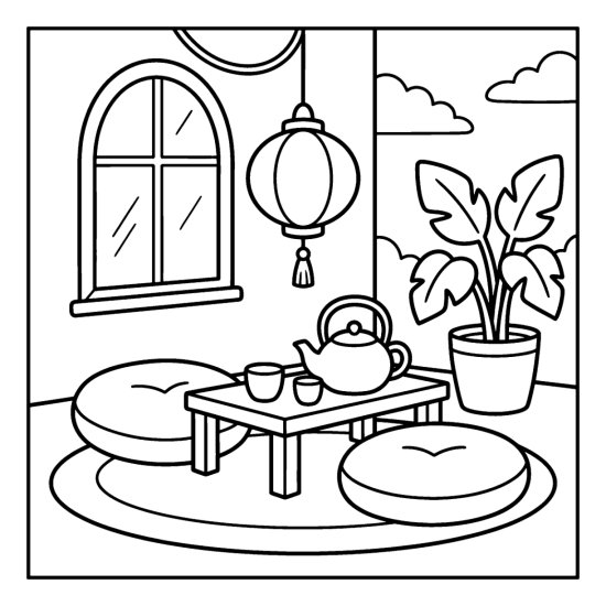 Two large floor cushions around a low table with a teapot under a hanging paper lantern, bold and easy