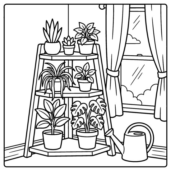 A tiered plant stand crowded with potted plants beside a watering can and window coloring page