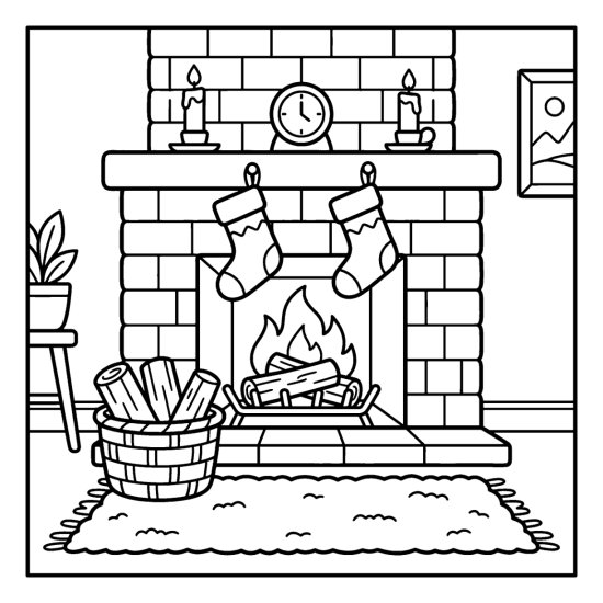 A brick fireplace with a mantel of candles and a clock, hanging stockings and a log basket coloring sheet