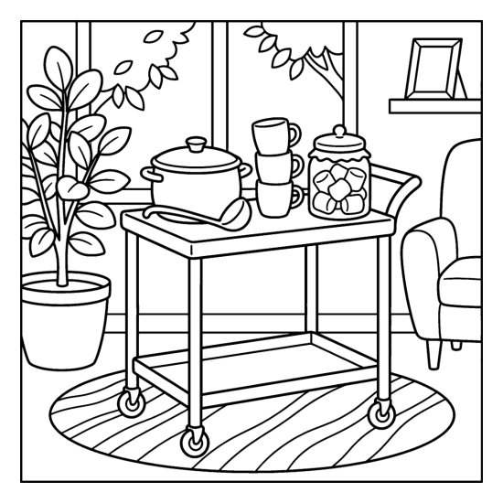A rolling cart set as a cocoa station with a pot, stacked mugs and a marshmallow jar, bold and easy