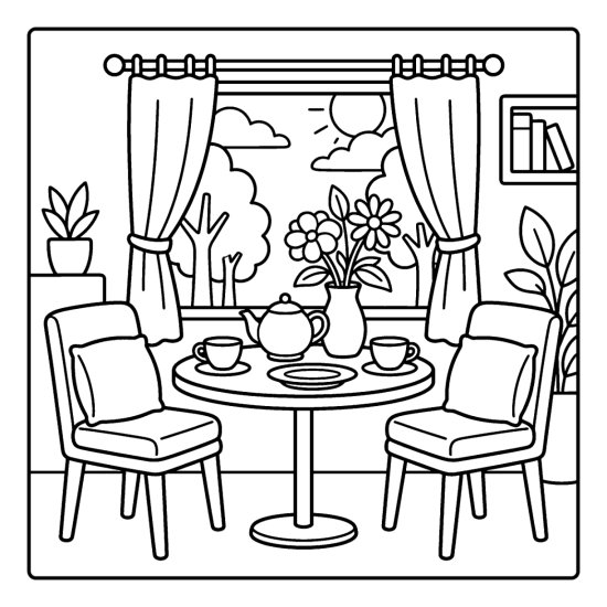 A small round breakfast table with two chairs, a teapot and a flower vase by a window coloring page