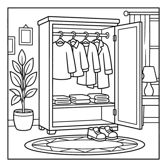 An open wardrobe showing hanging clothes and folded items above a pair of shoes coloring sheet