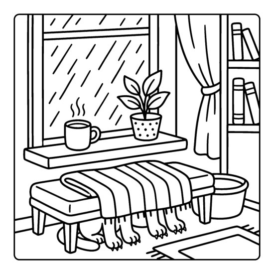 A window with rain streaks above a bench with a steaming mug, folded blanket and plant, bold and easy
