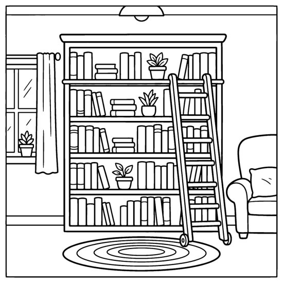 A tall bookshelf packed with books and small plants beside a leaning library ladder coloring sheet