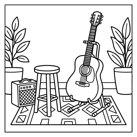 An acoustic guitar on a stand beside a stool and small amplifier on a patterned rug coloring page