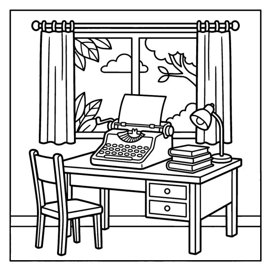 A vintage typewriter on a desk with a blank sheet and stacked books by a window coloring sheet