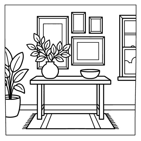 A console table with a branch vase and bowl below a wall of empty frames, bold and easy