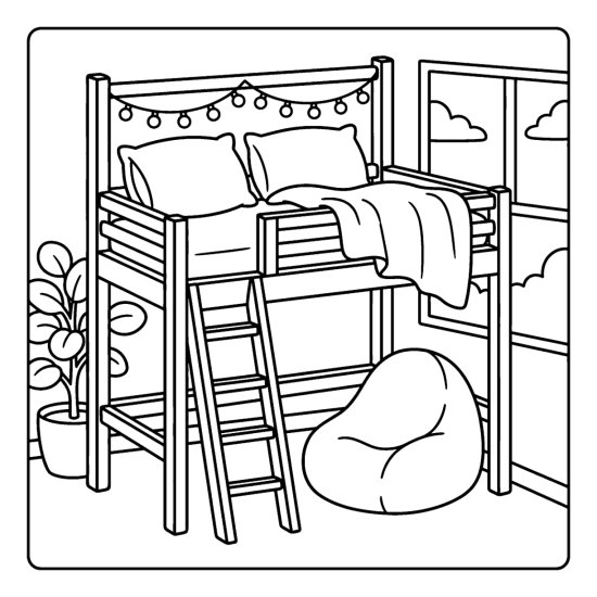 A loft bed with a short ladder and fairy lights above a soft beanbag chair coloring page