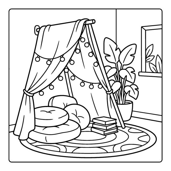 A cozy canopy reading tent over floor cushions with fairy lights and a stack of books coloring sheet
