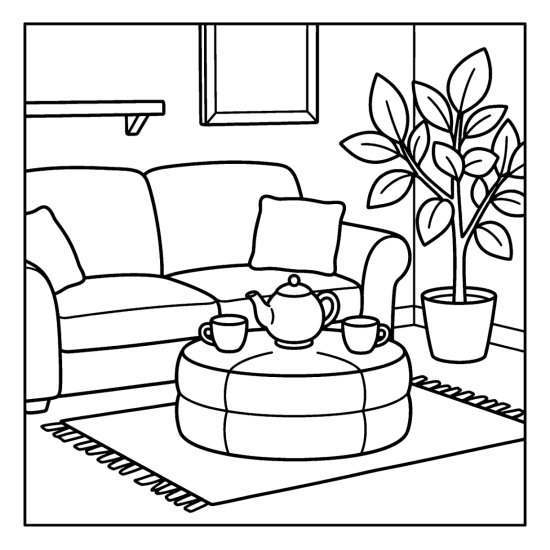 A round padded ottoman holding a teapot and cups in front of a cushioned sofa, bold and easy