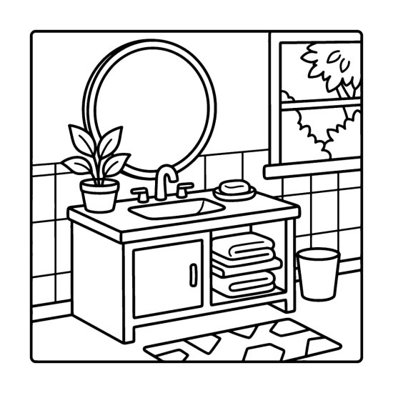 A bathroom vanity with a round mirror and sink beside folded towels and a plant coloring page