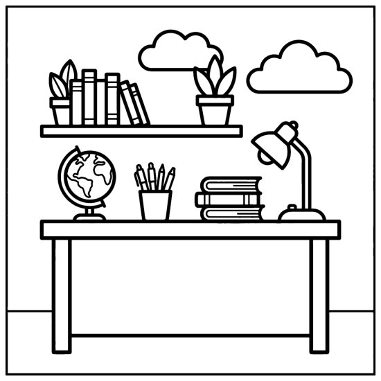 A study desk with a globe and stacked books below a wall shelf of books coloring sheet