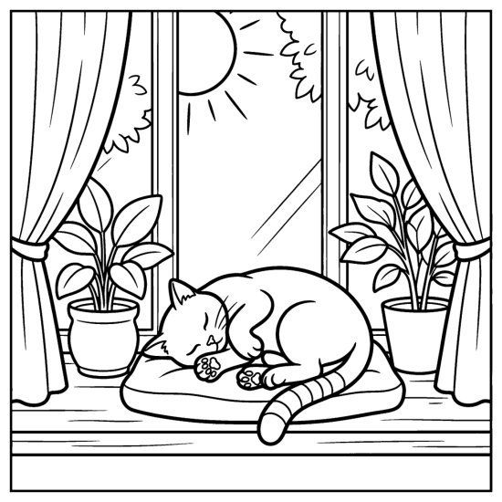 A curled sleeping cat on a cushion in a sunny window framed by curtains and plants, bold and easy