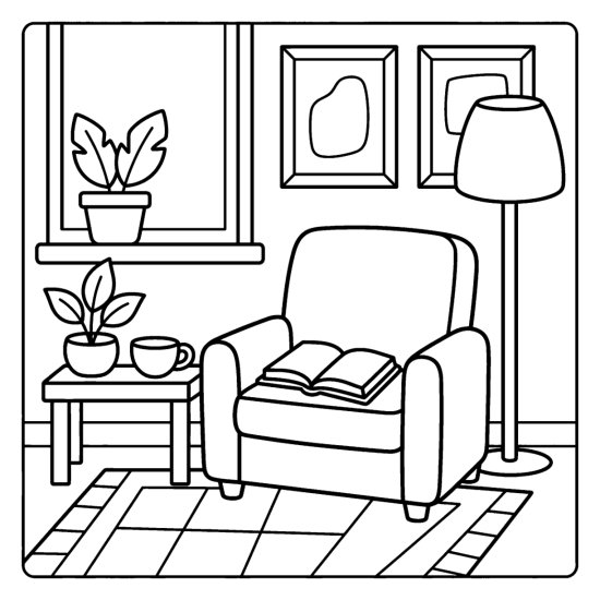 A cozy armchair with an open book and a floor lamp beside a side table and plant coloring page