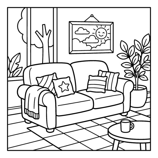 A plump sofa piled with throw pillows and a folded blanket under a framed picture, bold and easy