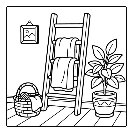 A wooden blanket ladder with folded blankets beside a potted plant and basket coloring sheet