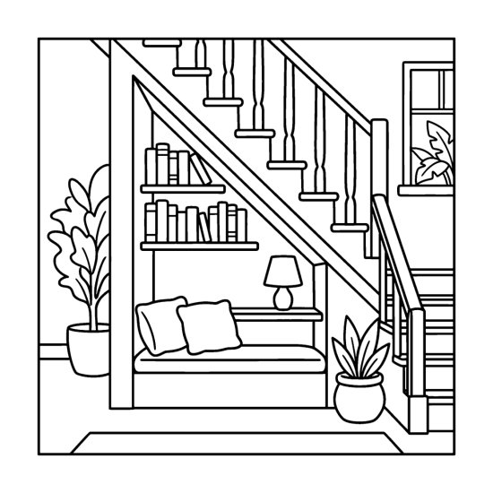 A cozy nook under a staircase lined with bookshelves and a cushioned reading bench, bold and easy