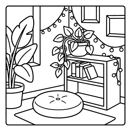 A cozy corner with a floor cushion, low bookshelf and a string of fairy lights coloring page