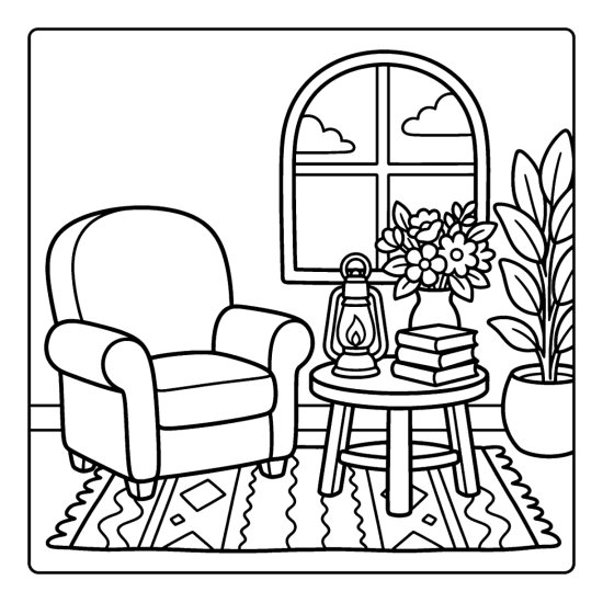 A side table with a glowing lantern, books and a flower vase beside a cushioned armchair coloring sheet