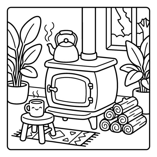 A cast iron wood stove with a kettle beside a stack of firewood and a steaming mug, bold and easy