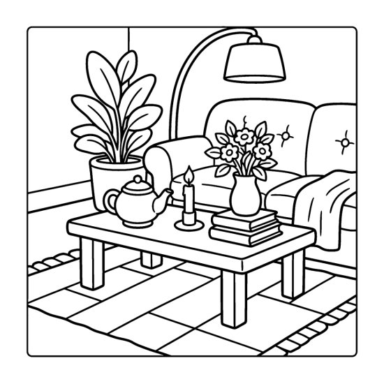 A low coffee table with a teapot, candle and books topped by a vase of flowers coloring page
