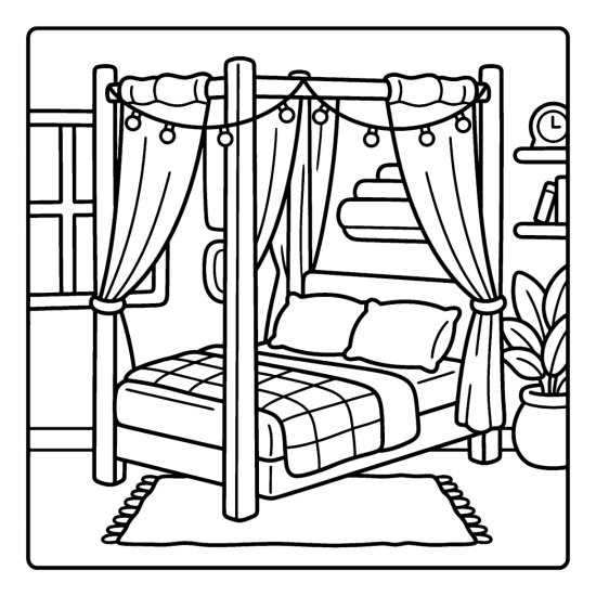 A curtained four poster bed with plump pillows, a quilt and a string of fairy lights coloring sheet