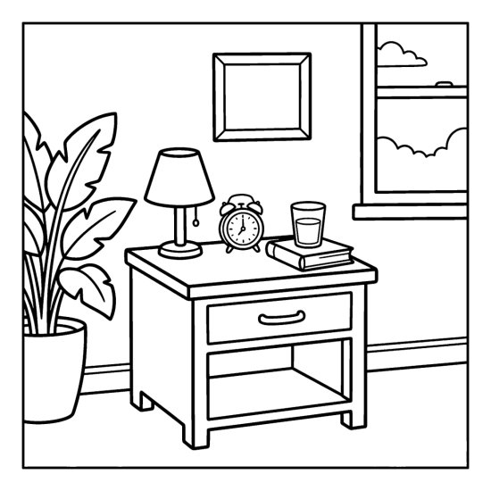 A bedside nightstand holding a lamp, round alarm clock, book and glass of water, bold and easy