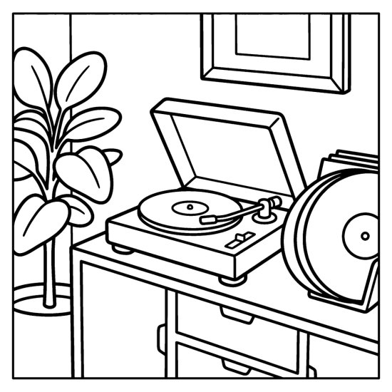 A record player on a credenza with a stack of round records and a tall leafy plant coloring page