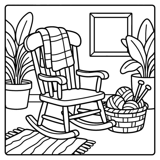 A wooden rocking chair with a folded blanket beside a basket of yarn balls and needles coloring sheet