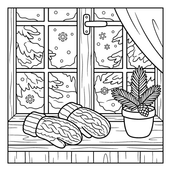 Knitted mittens on a windowsill by a frosty window with a small potted evergreen, bold and easy