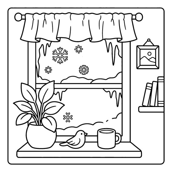 A frosty window traced with snowflakes above a plant, bird and mug, coloring sheet