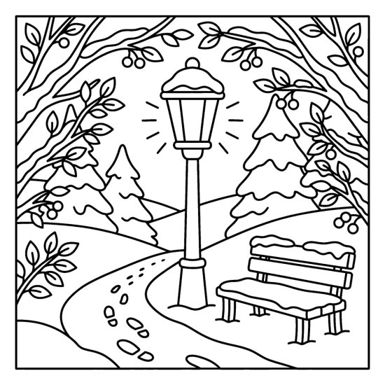 A glowing lamppost on a snowy path with pine trees and a snow topped bench, bold and easy