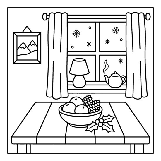 A bowl of clementines and a pinecone with holly on a table by a snowy window, coloring page