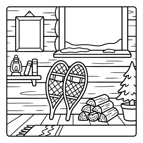 Snowshoes leaning on a cabin wall with logs, a lantern and a shelf, coloring sheet