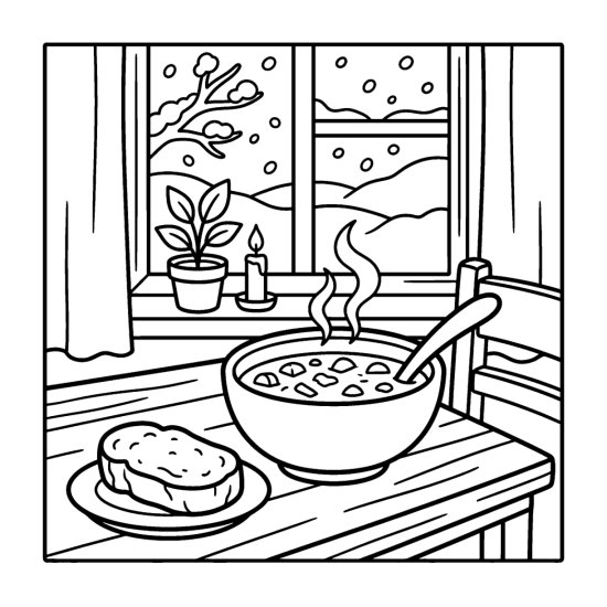 A steaming bowl of soup with bread, a candle and a plant by a window, coloring page