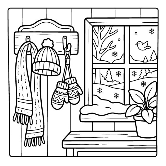 A coat rack with a scarf, beanie and mittens by a snowy window, bold and easy
