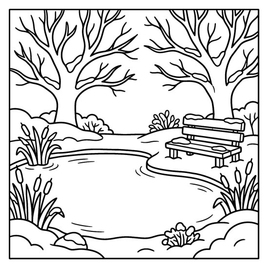 A frozen pond with snowy reeds, a bench and bare winter trees, coloring sheet